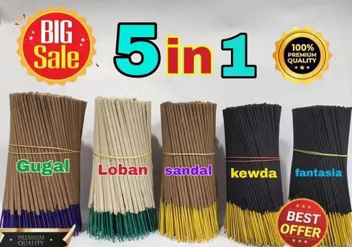 Sandal(60 gm), loban(60 gm), Gugal(60 gm), Kewda(60 gm), fantasia (60 gm) Agarbatti/pure Incense Sticks/For POOJA /MANDIR(300Gm.)